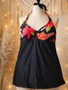 Krista Floral Halter One‑Piece Swimsuit Plus 18 Tropical Resort Retro Black